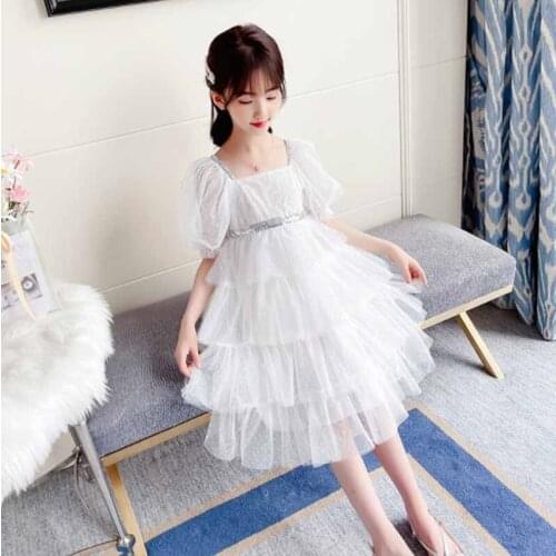 Cultiseed Girls Sweet Cute Sequined Square Collar Puff Sleeve Multi Layered Ruffles Mesh Cake Dress Children Kids Casual Gowns