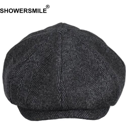 SHOWERSMILE Wool Newsboy Caps Men British Vintage Grey Herringbone Flat Caps Women Coffee Gatsby Cap Autumn Winter Woolen Hats