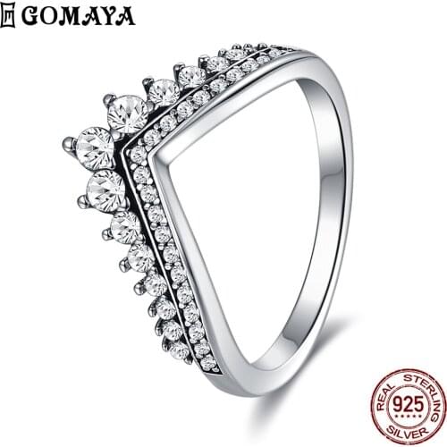 GOMAYA 100% Real 925 Sterling Silver Cubic Zirconia Crown Finger Ring Classic Stackable Fine Jewelry For Women Anniversary Gift