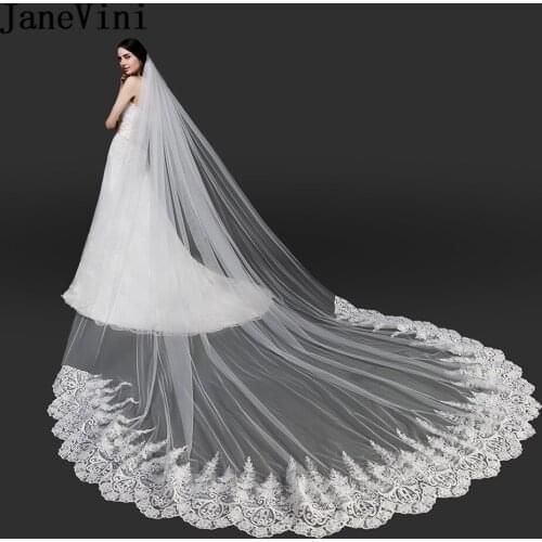 JaneVini Ivory Tulle Wedding Veils One Layer Luxury Lace Applique Edge Pearls Bridal Veil Elegant Women Long Wedding Accessories