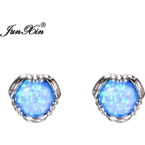 JUNXIN Bohemian Women Blue & White Fire Opal Stud Earring Silver Color Double Earrings For Women Fashion Jewelry