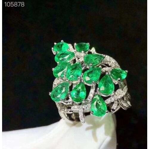 Luxurious big wide leaf flower Natural gemstone Ring Natural green Emerald ring S925 silver womens party gift Jewelry