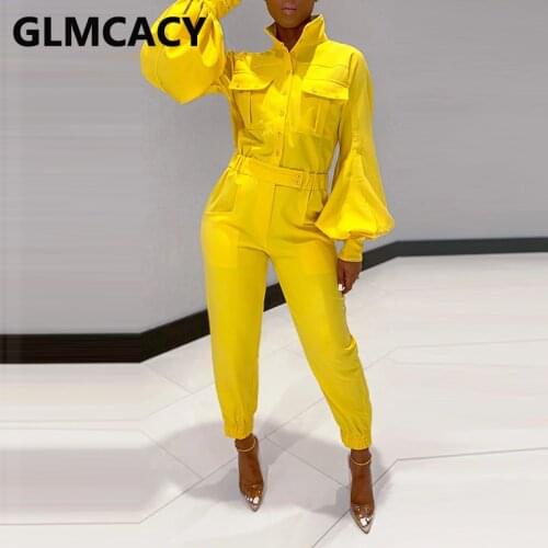 Women Lantern Long Sleeve Solid Jumpsuits Slim Cargo Pants Elegant Office Ladies Workwear