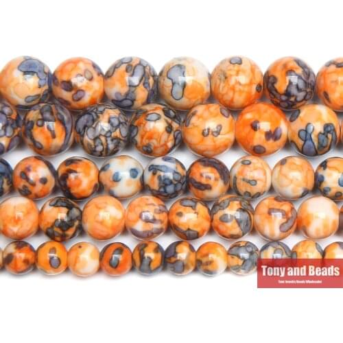 Natural Orange Black Colorful Stone Round Loose Beads 15" Strand 4 6 8 10 12 MM Pick Size For Jewelry