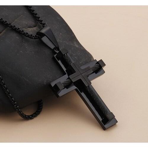 Fashion Men Punk Male Cross Jesus Pendant Black Titanium Steel Cable Wire Jesus Rope Cross Pendant Necklace Jewelry