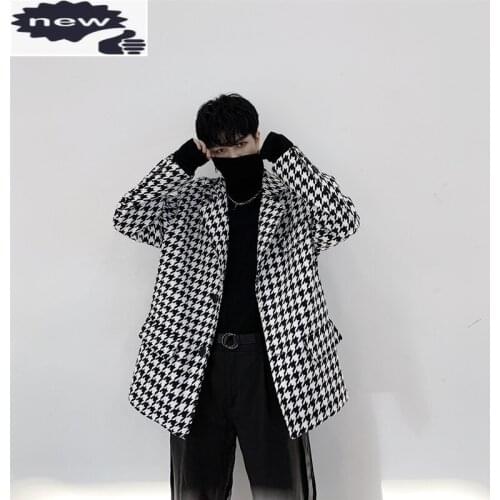 Mens Loose Fit Tweed Black White Plaid Blazers Korean Style Casual Male Jacket Fashion Designer Single Breasted Suit Coats