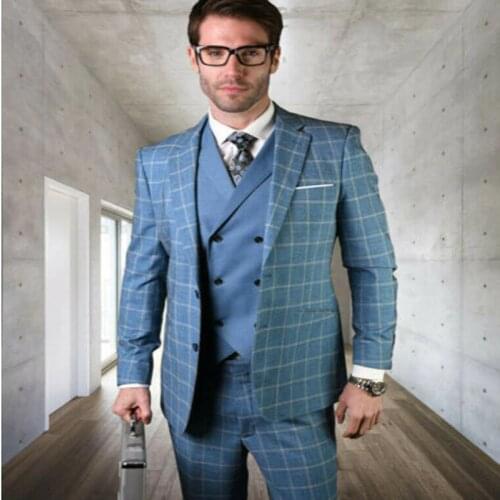 2020 Handsome Mens Tweed Notch Lapel Blue Check/Palid Suits Formal For Wedding Tuxedos Slim Fit Party Prom Suit