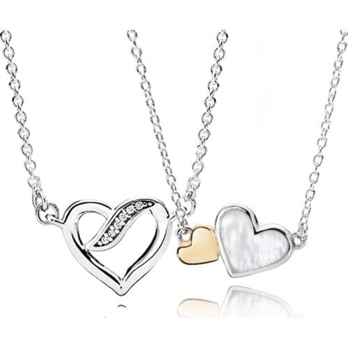 Real Ribbons & Luminous Love Hearts Collier Pendant 925 Sterling Silver Chain Necklace For Europe Bead Charm DIY Jewelry