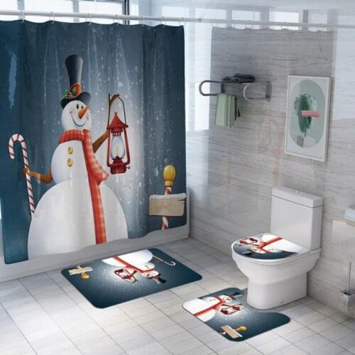 Merry Christmas Bathroom Set Snowman Santa Claus Elk Pattern Waterproof Shower Curtain Toilet Cover Mat Non Slip Rug Home Decor