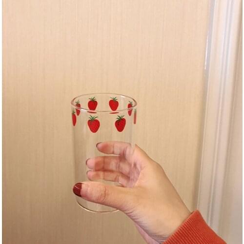 Ins Strawberry Glass Cup Nordic Style Breakfast Milk Juice Glass Heat Resistant Transparent Water Cup Straw For Home OffIce