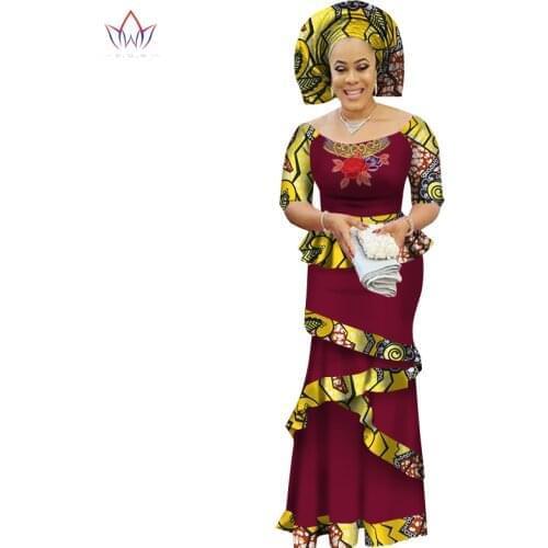 Stock Size Low Price African Dress Bazin Riche Women Dress Suit Half Sleeve Tops and Long Print Skirt Large Size S WY2412
