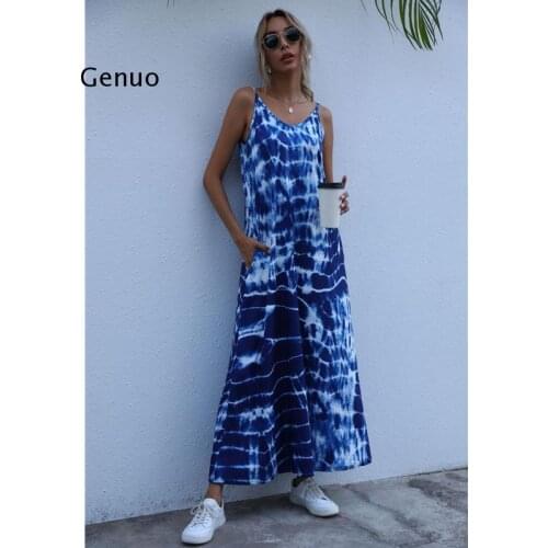 Tie Dye Dress Women Stripe Printing Gradient Pocket Dress Suspender Long Tank Summer Dress Loose Female Clothing Plus Size