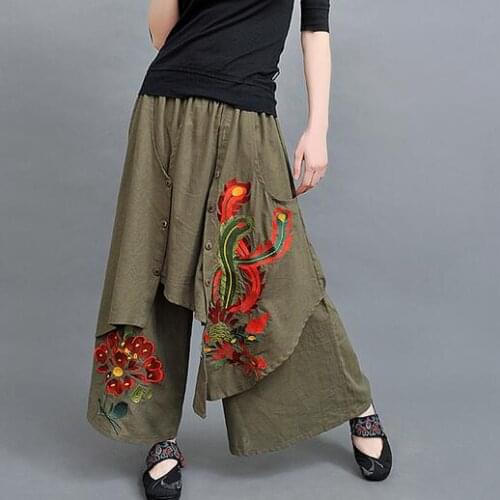 Vintage 70s ethnic wide leg pant 2020 women autumn spring Chinese style green black red trousers DF373
