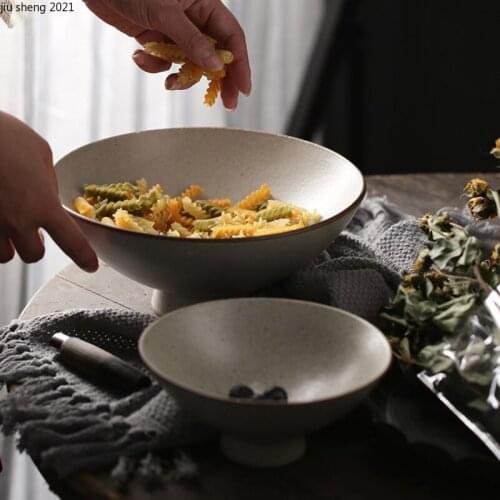 Japanese Retro Ceramic High-leg Ramen Bowl Creative Dinner Plate Simple Home Restaurant Fruit Salad Large Bowl Kitchen Tableware