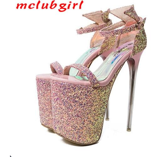 Mclubgirl Super High-heeled Hate High 20cm Sandals Sexy Nightclub Womens Shoes 9cm Waterproof Platform Size 43 MJL