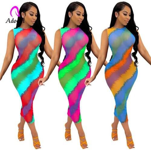 Rainbow Color Women Long Maxi Dress 2021 Summer Fashion Sleeveless Bodycon Activewear Sexy Mesh See Through Club Party Vestidos