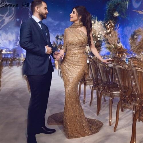 Gold One Shoulder Sexy Mermaid Evening Dresses Design 2020 Sequins Sparkle Luxury Formal Dress Serene Hill DLA60966