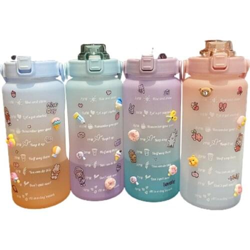 2000ml Kawaii Water Bottle With Straw Outdoor Sport Plastic Portable Square Drinking Bottle Cute Juice Tea Water Cups Kettles