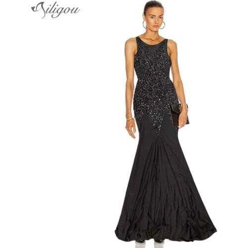 Ailigou Gorgeous Sequins Beaded Mermaid Party Formal Sleeveless Round Neck Long Bandage Dress Sexy Ladies Party Special Occasion