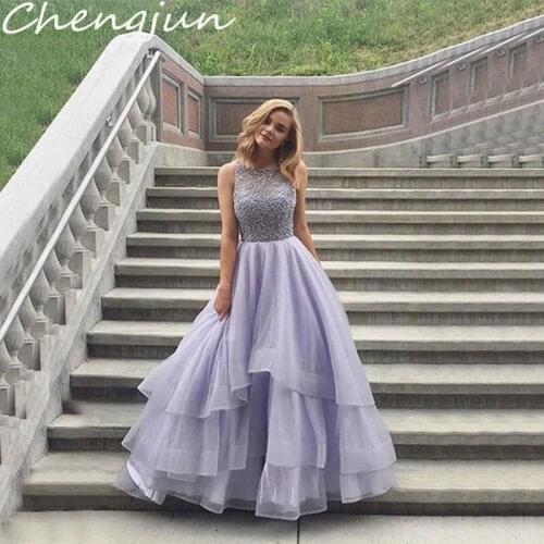 Chengjun Gorgeous Lilac Sleeveless Lace Bodice Tulle Ball Gown Prom Dresses
