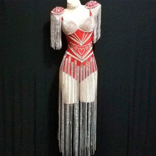 Black White Crystals Epaulet Bodysuit Sexy Women Sparkly Tassel Outfit Women Celebrate Costume Stage Party Singer Wear DJ1022