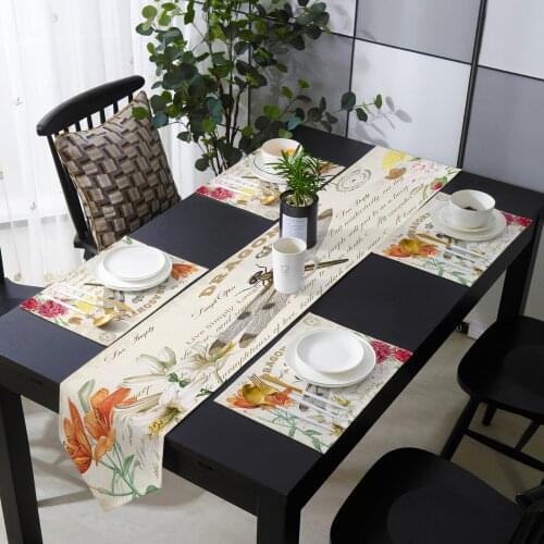 Flower Rhododendron Dragonfly Crown Vintage Letters Table Runner Set Country Wedding Table Decoration for Kitchen Home Dining