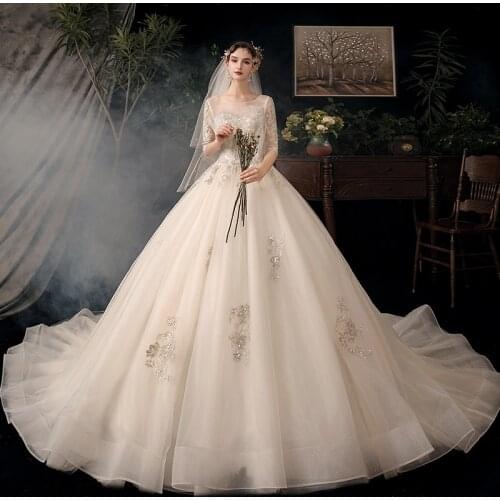 Sequins Wedding Dress O-Neck Tulle Floral Print Embroidery Half Sleeves Simple Ruched Lace up New Long Women Bride Dresses B041