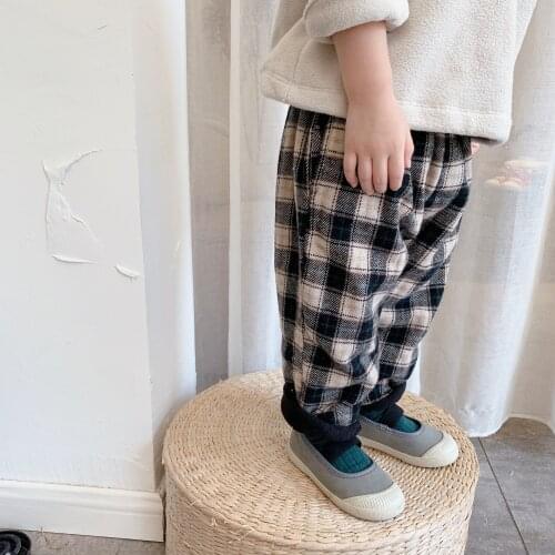 Elegant Children Baby Boys Girls Grid Pants Winter Spring Warm Toddler Thicken Buttons Plus Velvet Kids 2021 High Quality