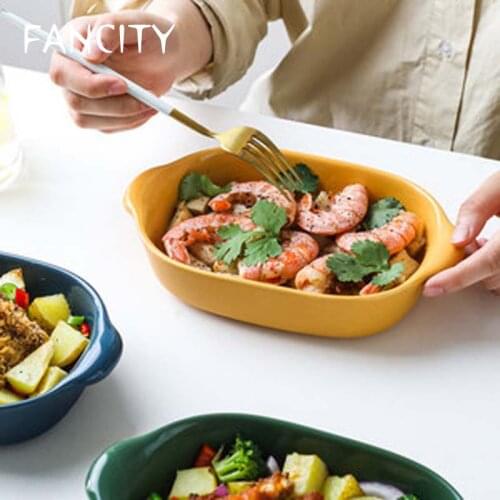 FANCITY Cheese Baked Rice Baking Pan Ceramic Oven Binaural Rectangle Baking Plate Household Microwave Tableware