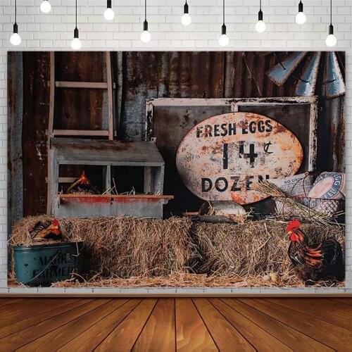 Fresh Egg Market Backdrop Farm Haystack Rooster Broken Iron Wall Child Portrait Photography Background Photo Studio Decor Props