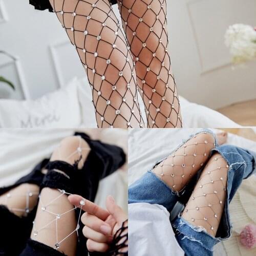 2019 New Summer Fishnet Diamond Pantyhose Women Sexy Fashion Cute Shiny Net Tights Female Rhinestone Mesh Nylon Stockings Tights