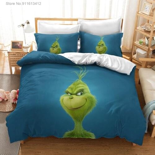 Bedding Set Cartoon Grinch Printed Comforter Cover with Pillowcase 3Pcs Boys Girls Home Quilt Cover Movies Character