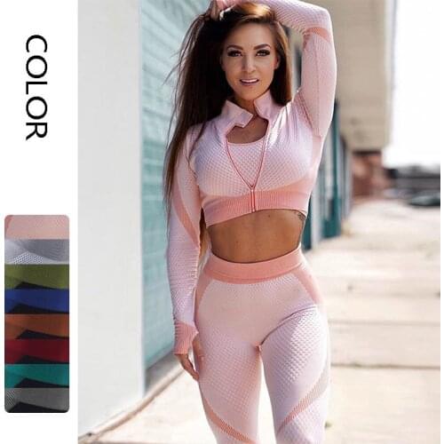 8 Colors 3Pcs Seamless Yoga Set Women Tracksuit Long Sleeve Sportswear Crop Top Fitness High Waist Leggings Gyms Sport Bra Suits