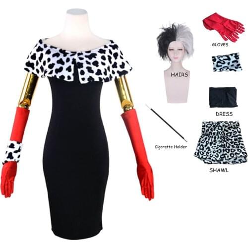 Cruella De Ville Cosplay Costume Anime Dalmatian Ladies Fashion Womens Fancy Dress Outfit Accessories For Women Halloween Party