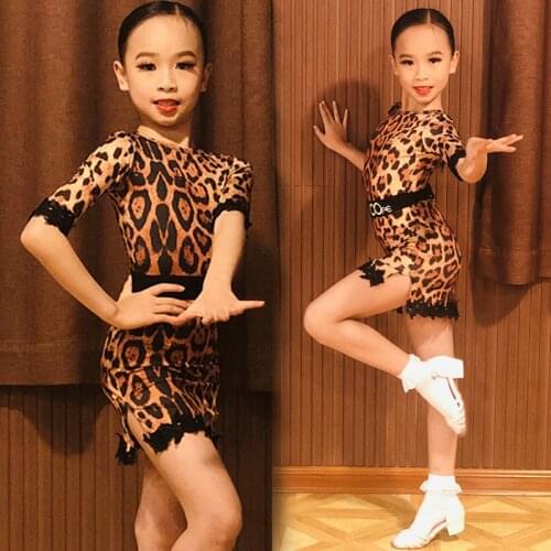 Short Sleeves Leopard Dress Latin Girls Dance Costume 120cm-170cm Children Competition Clothing Kids Dance Stage Dress BL4162