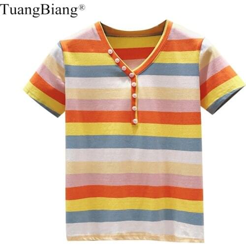 Summer Women Button V-Neck Cotton T Shirts 2020 Short sleeve Purple Rainbow stripes Tee Tops Ladies Slim fashion Yellow Tshirts