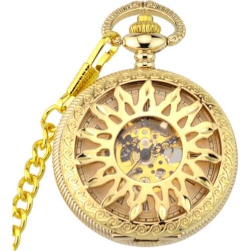 10pcs/lot Gold Flame Mechanical Pendant Pocket Watch Retro Skeleton Roman Dial Steampunk Gift Pocket Watch with Chain