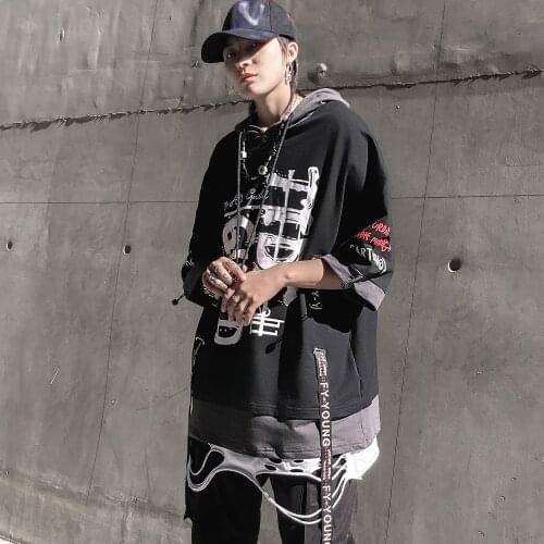 Men Hip Hop Streetwear T-Shirt Graphic Hooded Fashion Cotton Top Tee