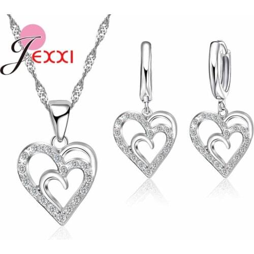 New Styles Heart Clear Stone Jewelry Set Vintage 925 Sterling Silver Necklace Sets Pendant Earring For Women Jewelry for Gift