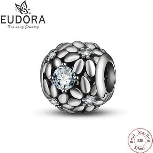 Eudora Authentic 925 Sterling Silver Bead Charm Pendant Flower Pattern CZ Beads Fits Bracelet & Bangles DIY Jewelry for Women