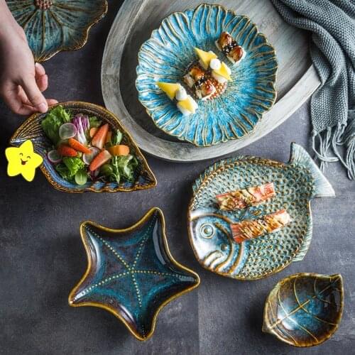 Japanese creative retro style irregular shaped ceramic tableware fish starfish conch flower leaf shape plate household dish