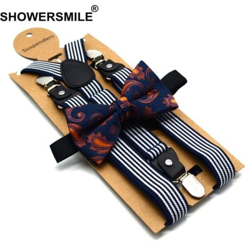 SHOWERSMILE Mens Trouser Suspenders Bowtie Set Male Suspender Pants Navy White Striped Vintage Wedding Shirt Braces for Men