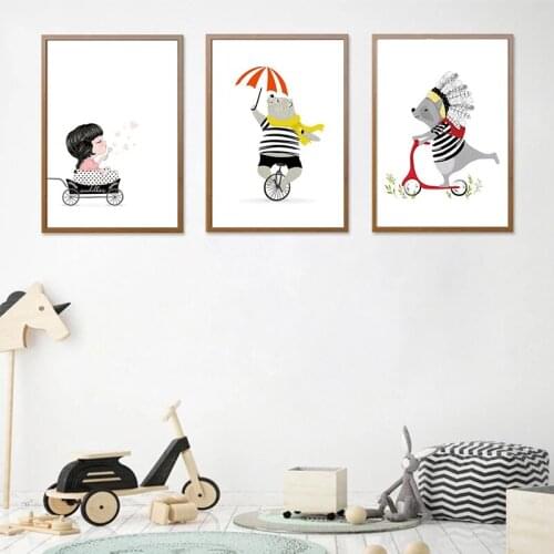 Scandinavian canvas painting bicycle bear cartoon animal posters and prints wall art print canvas children room home decor gifts