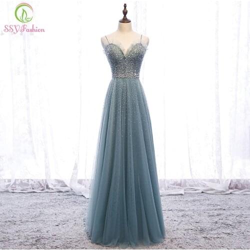 SSYFashion New Light Green Evening Dress Sexy V-neck Crystal Beading Long Formal Gowns Vestido De Noche Robe De Soiree