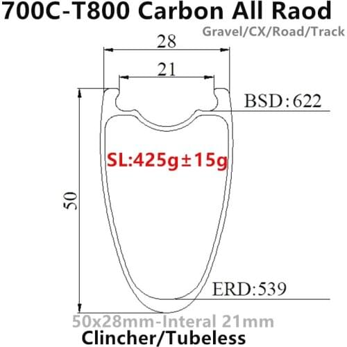 T800 Super Light carbon gravel rims 28mm wide 50mm depth internal 21mm carbon disc brake rims 700c carbon bicycle carbon rims