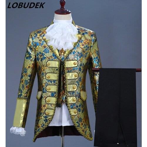 Five Colors European Style Men Court Dress Vintage 5 Pieces Suit Groom Wedding Clothing Drama Outfit Singer Chorus Formal Suits