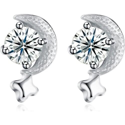 ZEMIOR Romantic Star And Moon 925 Sterling Silver Stud Earrings For Women Clear Cubic Zirconia Girl Earring Simple Fine Jewelry