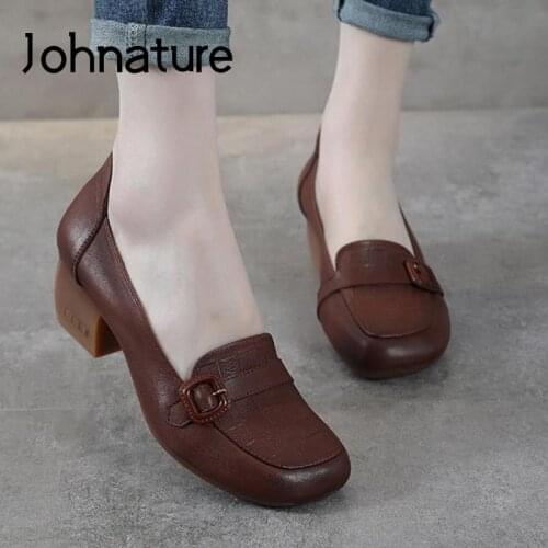 Johnature Pumps Women Shoes Genuine Leather Spring/Autumn 2021 New Square Toe Retro Handmade Concise Leisure Casual Ladies Shoes