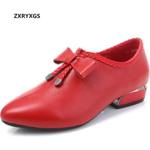 2021 New Pointed Deep Mouth Top Cowhide Genuine Leather Shoes Fashion Sweet Bowknot Comfort Low Heel Shoes Woman Large Size 43