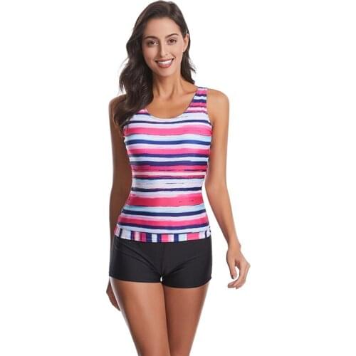 Womens Conservative Two-Pieces Swimwear Sleeveless Stripe Elastic Tops With High Waist Boxer Bikini Suit Swimsuit